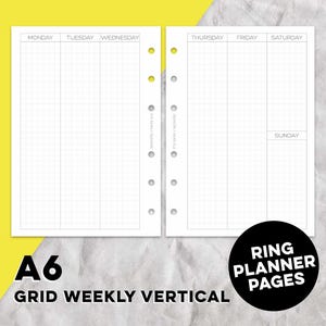 May include: A6 ring planner pages featuring a vertical weekly grid layout. The left page includes columns for Monday, Tuesday, and Wednesday. The right page includes columns for Thursday, Friday, Saturday, and a smaller section for Sunday.