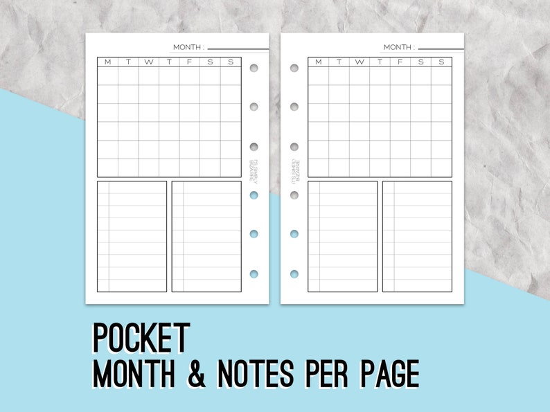 Months and Notes Pocket Inserts, Month and Notes on One Page, Monthly ...