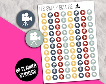 Pegatinas con iconos circulares de cámaras de cine, Hoja de pegatinas para planificador, Pegatinas con iconos de películas, Seguimiento de películas, Pegatinas funcionales, Pegatinas de filmación, Cámara