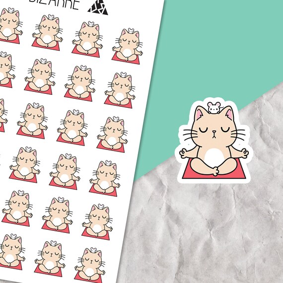 Meditation Cat Stickers, Planner stickers, Yoga stickers, Meditation tracking, Self care planner, Mental wellbeing, Character stickers, Cute