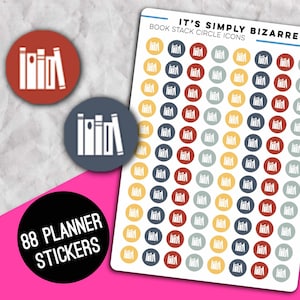 May include: Planner stickers featuring a book stack icon in red, blue, and yellow circles. The sheet is labelled "IT'S SIMPLY BIZARRE BOOK STACK CIRCLE ICONS". Two individual stickers with the book stack icon are also visible.