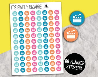 Pegatinas con icono circular de claqueta de cine, hoja de pegatinas para planificador, claqueta, pegatina de película, pegatinas de seguimiento, claqueta de cine, pegatina funcional