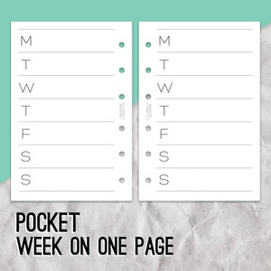 Op de afbeelding: Twee witte pagina's van een zakplanner met een wekelijkse indeling. Elke pagina heeft zeven regels met de dagen van de week, van maandag tot en met zondag. De tekst "POCKET WEEK ON ONE PAGE" staat onderaan.