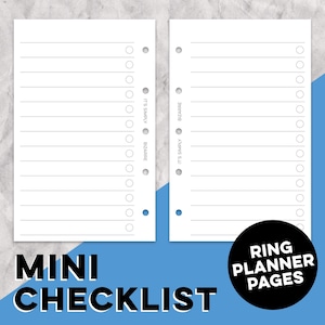 May include: Two white mini checklist pages with horizontal lines and check boxes, designed for ring planners. The text "MINI CHECKLIST" is at the bottom, with a black circle that says "RING PLANNER PAGES". The background is a mix of blue and grey.