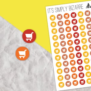 ショッピングカートの円形アイコンステッカー、食料品店、ショッピングトラッカー、食事プラン、機能的なステッカーシート、プランナーアイコン、プランナートラッキング