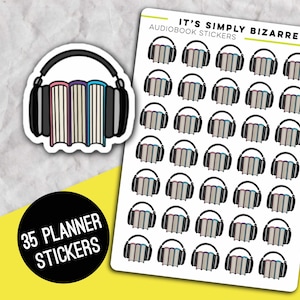 May include: A sticker sheet with 35 planner stickers. The stickers feature a black headphone design over a stack of books. The text "IT'S SIMPLY BIZARRE AUDIOBOOK STICKERS" is printed on the sheet. A separate sticker shows the same design.