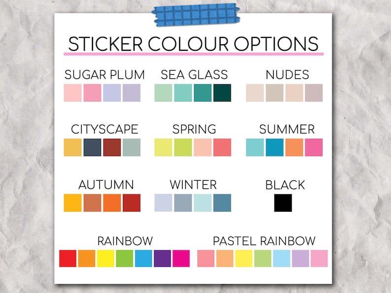 May include: A chart showing sticker color options. The options include Sugar Plum, Sea Glass, Nudes, Cityscape, Spring, Summer, Autumn, Winter, Black, Rainbow, and Pastel Rainbow. Each option is represented by a row of colored squares.