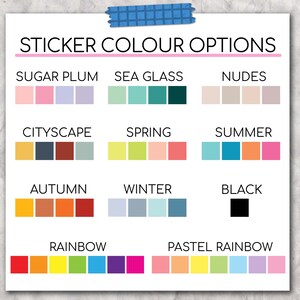 Op de afbeelding: Een grafiek met stickerkleuropties met namen zoals "Sugar Plum", "Sea Glass", "Nudes", "Cityscape", "Spring", "Summer", "Autumn", "Winter", "Black", "Rainbow" en "Pastel Rainbow".