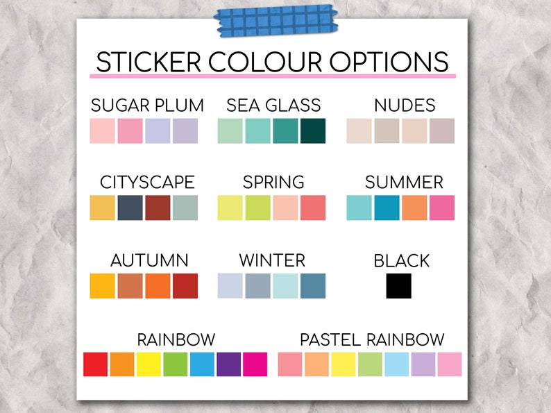Op de afbeelding: Een grafiek met stickerkleuropties met namen zoals "Sugar Plum", "Sea Glass", "Nudes", "Cityscape", "Spring", "Summer", "Autumn", "Winter", "Black", "Rainbow" en "Pastel Rainbow".