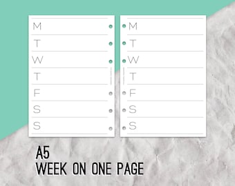 A5 Week On One Page Inserts, Ring planner inserts, Diary inserts, Planner pages, Filofax pages, Weekly Insert, Weekly tracking pages, Rings