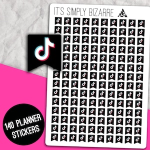 May include: A sheet of 140 black and white planner stickers featuring the TikTok logo. The sheet is labeled "It's Simply Bizarre" and "140 Planner Stickers".