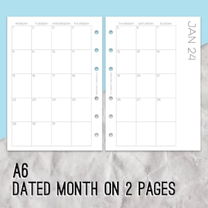 May include: An A6 size calendar planner with a dated monthly layout spread across two pages. The calendar is for January 2024 and includes the days of the week, Monday through Sunday.