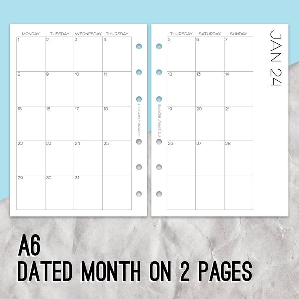 Dated Monthly A6 Inserts, True A6, Monthly Inserts, Planner pages, Ring planner inserts, Diary insert, Monthly planning, A6 ring, A6 Planner