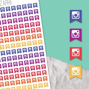 May include: A sheet of colourful Instagram icon stickers. The stickers are arranged in rows and columns, with each sticker featuring a white Instagram icon on a coloured background. The colours of the stickers are yellow, orange, red, purple, and blue.