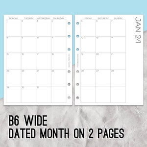 Dated Monthly B6 Wide Inserts, Monthly Inserts, Planner pages, Ring planner inserts, Diary inserts, Monthly planning, B6 Wide Planner, 5.3in