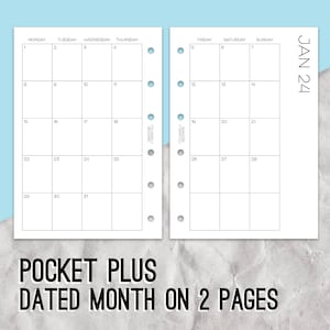 May include: A black and white monthly planner with the month of January and the date 24 printed on the right side. The planner is divided into two pages, each with a grid for each day of the week. The left page has the days Monday through Thursday, and the right page has the days Friday through Sunday.