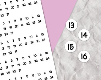 Datumstickers, maandelijks stickervel, functionele stickers, gedateerde stickers, stickervel bulletjournal, ongedateerde planner, genummerde stippen