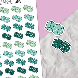 May include: A sheet of stickers featuring a repeating pattern of green dice. The dice are in various shades of green and have white dots. The sheet is labeled "Simply Bizarre".