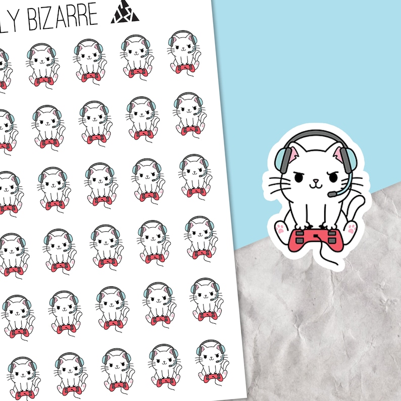 May include: A sheet of stickers featuring white cats wearing headphones and holding video game controllers. The cats have pink noses and black eyes. The stickers are on a white background. The text "LY BIZARRE" is at the top of the sheet.