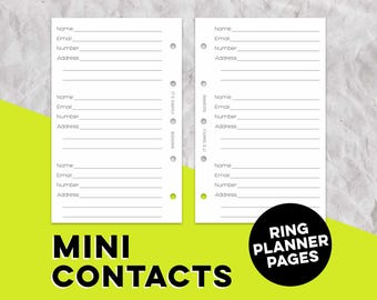 Minipáginas de contactos, miniinsertos Filofax, inserciones de agenda, libreta de direcciones, páginas de agenda de anillas, páginas de guía telefónica, agenda para el hogar