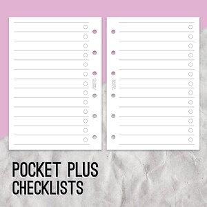 May include: Two blank white pages with lines and holes for a binder. The pages are labeled "Pocket Plus Checklists".