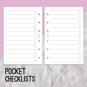 May include: Two blank white pages with lined paper and holes for a binder. The pages have a circle for checking off items. The text "POCKET CHECKLISTS" is at the bottom of the image.