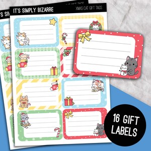 May include: Sheets of Christmas cat gift tags with various designs. Each tag features a rectangular shape with a white interior for writing. The tags are decorated with cartoon cats in festive holiday scenes, along with text that reads "IT'S SIMPLY BIZARRE" and "XMAS CAT GIFT TAGS".