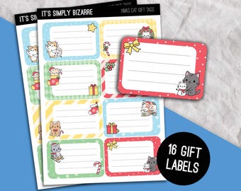 Paquete de 2 etiquetas de regalo de gato navideño, etiquetas adhesivas para regalos, etiquetas de regalo, lindo envoltorio de regalo de Navidad, envoltura de regalos, etiqueta adhesiva, linda Navidad