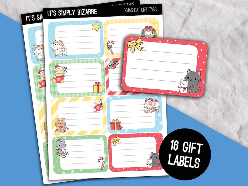 May include: Sheets of Christmas cat gift tags with various designs. Each tag features a rectangular shape with a white interior for writing. The tags are decorated with cartoon cats in festive holiday scenes, along with text that reads "IT'S SIMPLY BIZARRE" and "XMAS CAT GIFT TAGS".