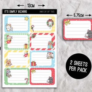 May include: Sheets of Christmas gift tags with cat illustrations. The larger sheet is 13cm wide and 18.7cm tall, with rectangular tags featuring festive designs and the text "IT'S SIMPLY BIZARRE" and "XMAS CAT GIFT TAGS". A smaller tag is 5.75cm wide and 3.85cm tall.
