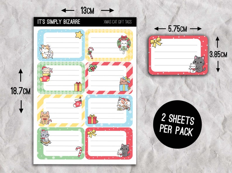 May include: Sheets of Christmas gift tags with cat illustrations. The larger sheet is 13cm wide and 18.7cm tall, with rectangular tags featuring festive designs and the text "IT'S SIMPLY BIZARRE" and "XMAS CAT GIFT TAGS". A smaller tag is 5.75cm wide and 3.85cm tall.