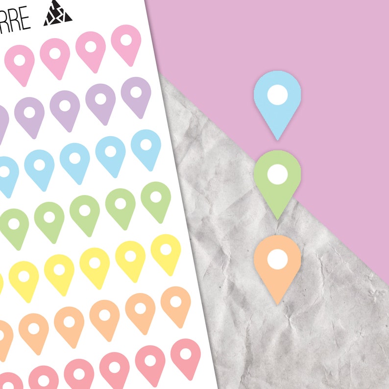 May include: A sheet of pastel colored location pin stickers. The stickers are arranged in rows of six, with each row featuring a different color: pink, orange, yellow, green, blue, and purple. The stickers are on a white background.
