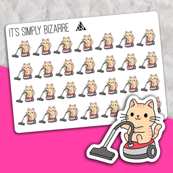 Vacuuming Cat Planner Stickers, Cleaning sticker sheet, Cleaning tracker, Hoover cats, Home chore tracking, Cute cats, Functional stickers