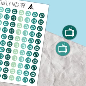 May include: A sheet of stickers with a variety of shades of green and blue circles. Each circle features a white silhouette of a vintage television set. The sheet is labelled "SIMPLY BIZARRE".