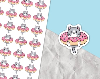 Doughnut Cat Stickers, Cute sticker sheet, Planner deco, Kawaii stickers, Food stickers, Kitty sticker sheet, Sweet treats, Foodie stickers