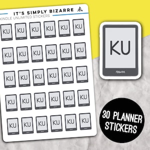 May include: A sheet of Kindle Unlimited stickers with the text "KU" on each sticker. The sheet is white with a yellow background. A separate sticker with the same design is also shown, along with a black circle that says "30 PLANNER STICKERS".
