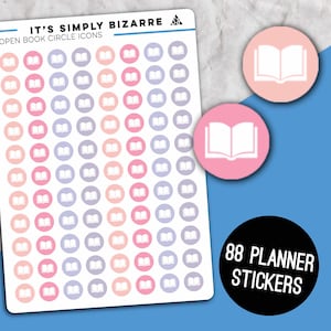 May include: Planner stickers featuring open book icons in pink, lilac, and white. The sheet reads "IT'S SIMPLY BIZARRE" and "OPEN BOOK CIRCLE ICONS". Two individual stickers and a black circle with "88 PLANNER STICKERS" are also shown.