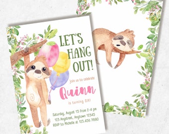 Może przedstawiać: Zaproszenie na urodziny z leniwcem wiszącym na gałęzi z balonami. Zaproszenie głosi "Let's Hang Out!" i jest z okazji szóstych urodzin Quinna. Zaproszenie zawiera datę, godzinę, adres i informacje RSVP.