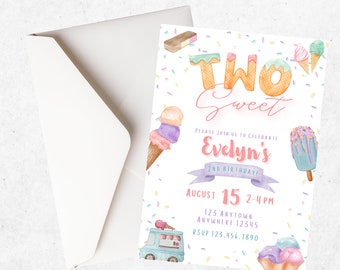 Two Sweet Birthday Invitation: Ice Cream Party, Girl 2nd Birthday (Digital Download)