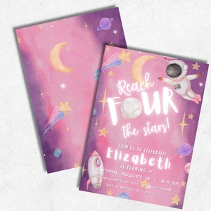 Reach FOUR The Stars Birthday Invite, space bday invite theme, 4th birthday invitation, girl birthday invitation, digital download template