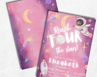 Inbjudan till 4-årsdag i rymden: Astronautflicka-tema, födelsedagsinbjudan till Reach FOUR the Stars (digital nedladdning)