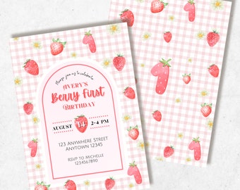 Strawberry Watercolor 1st Birthday Invitation (Digital Download)