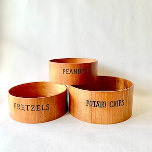 Vintage Labeled Wood Snack Bowls x 3