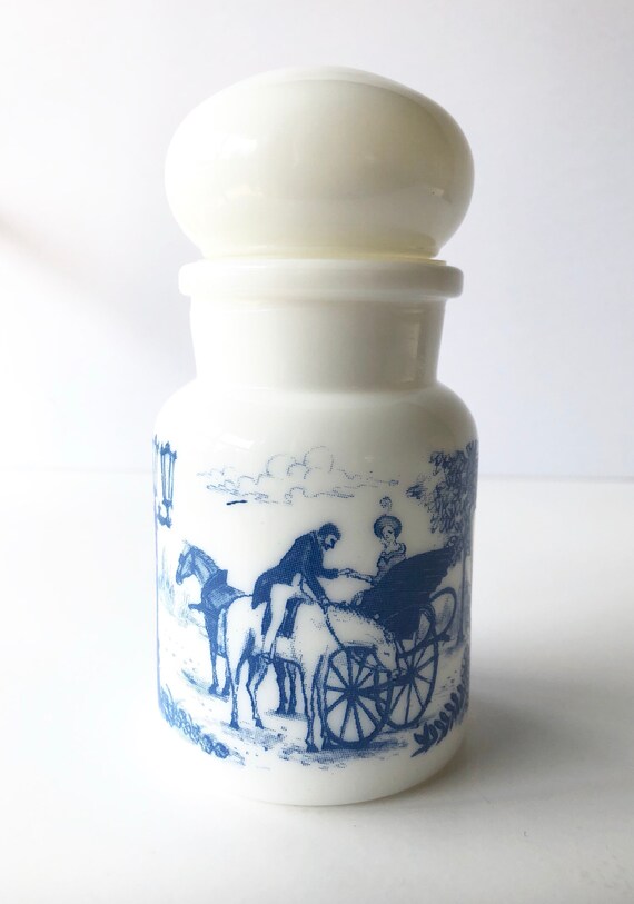 Vintage Blue White Milk Glass Apothecary Jar Belgium Etsy