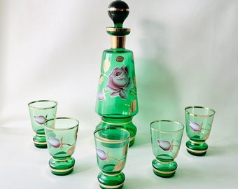 Vintage Green Glass Bohemian Decanter Glass Set