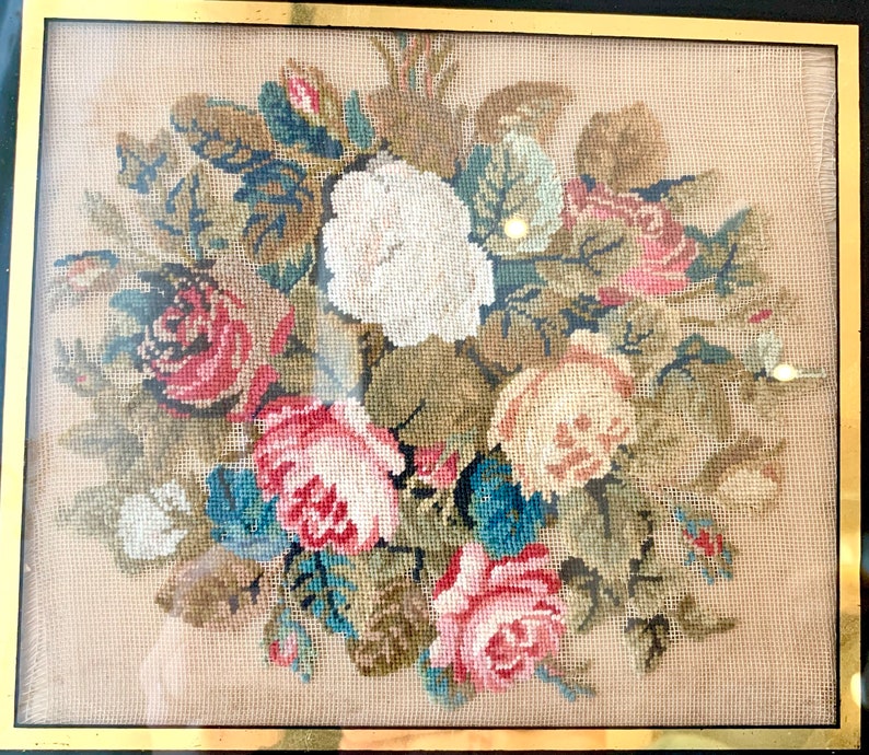 Vintage 1800\u2019s Floral Embroidery w Black Glass Frame