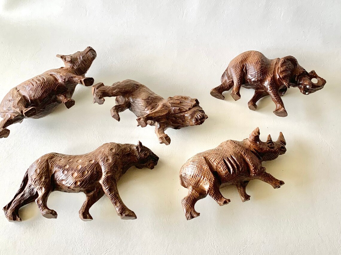 Vintage Hand Carved Wood African Animals x 5 Etsy