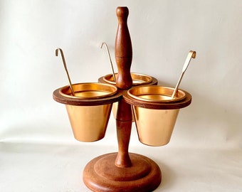 Vintage Wood Condiments Caddy Dish & Ladle Set