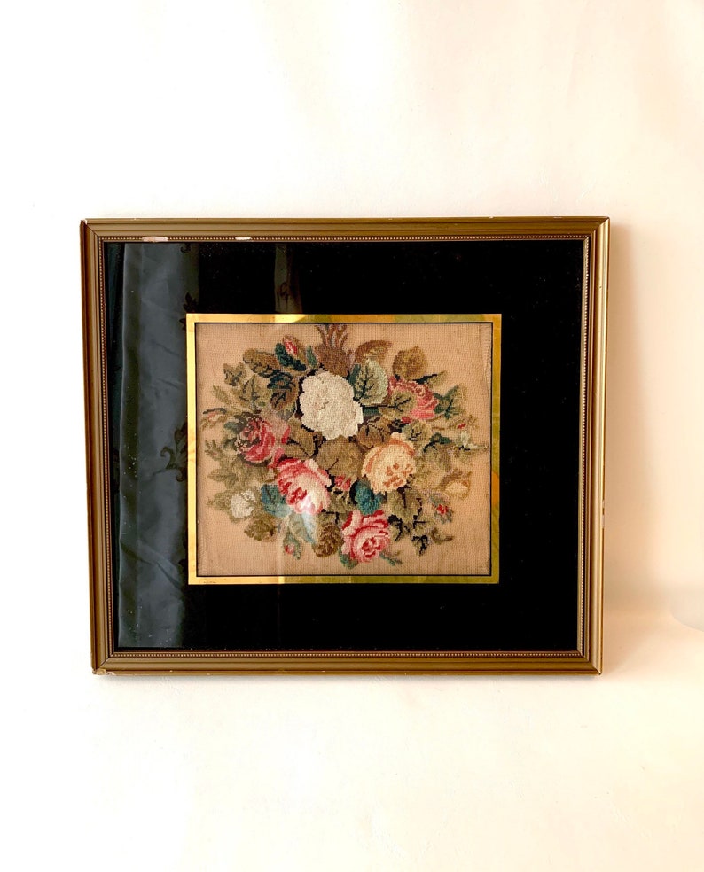 Vintage 1800\u2019s Floral Embroidery w Black Glass Frame