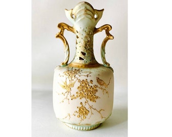 Reticulated Mint Green Gold Double Handle Vase